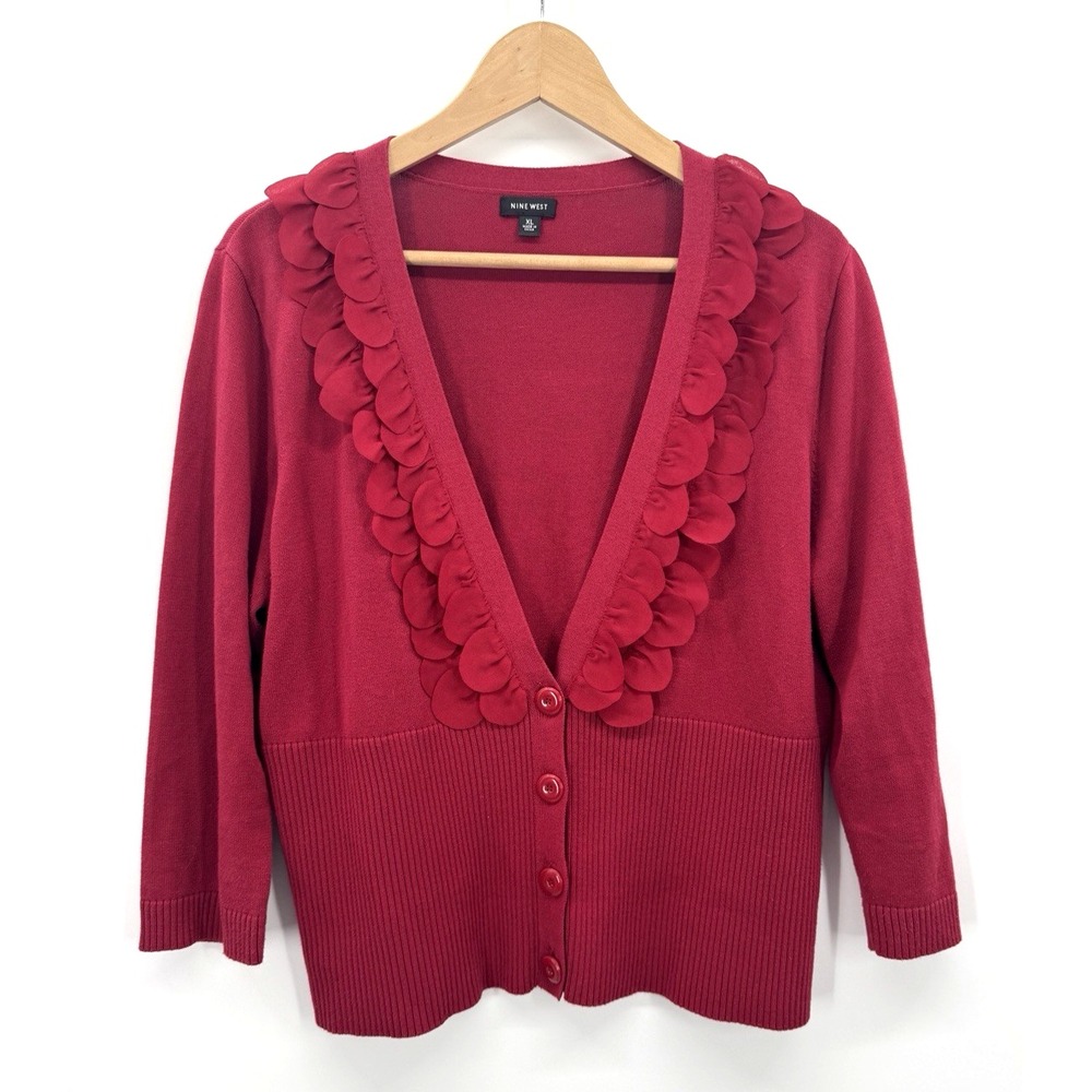 Nine West Red Cropped Floral Petals 3/4 Sleeve Deep V-neck Cardigan XL Layers